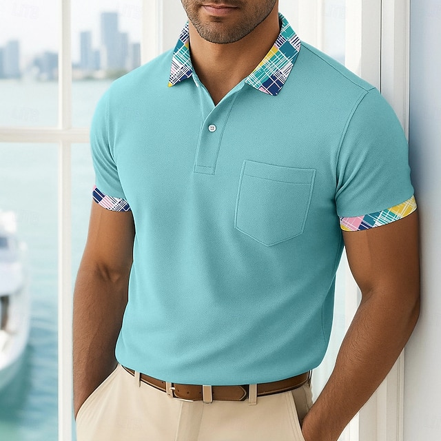  Per uomo Maglia da golf Vacanza Affari Classico Manica Corta Moda Essenziale Tinta unica Plaid Bottoni Estate Primavera Primavera & Autunno Vestibilità regolare Bianco Rosa Blu marino Verde Maglia da