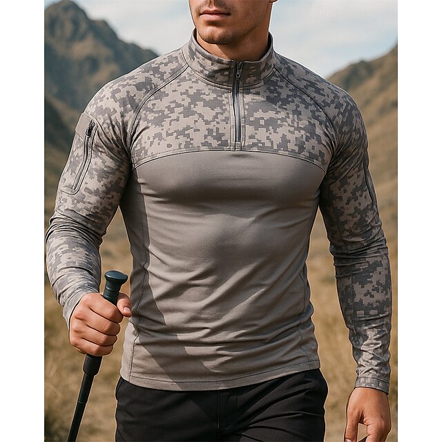  Per uomo Felpa Polo cima dell'escursionismo Manica Lunga Collo alla coreana Top Esterno Traspirante Asciugatura Rapida Leggero Elastico Zip a un quarto Pullover Poliestere Mimetico Nero Verde