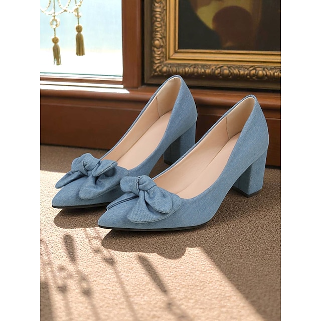  Escarpins à talon carré bleu clair pour femme avec nœud – Escarpins vintage en denim à bout pointu des années 1950 pour le bureau, les mariages et le quotidien