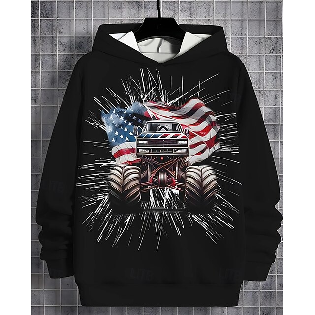  Pojkar 3D Flagga Bilar Huvtröja Långärmad Vår Höst Mode Streetwear Barn 4-12 år Huva Utomhus Ledigt Dagligen Normal