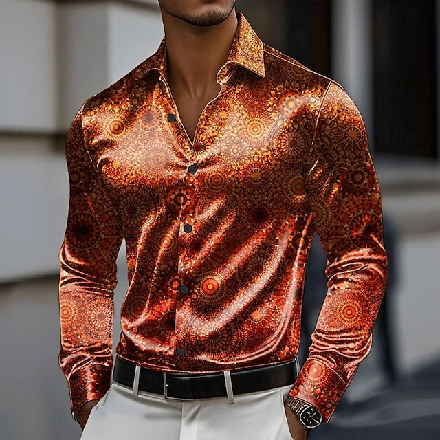 Men's Floral Print Ethnic Flowers Satin Shirt Dress Shirt Button Up Shirt Long Sleeve Vintage Retro Vacation Holiday Summer Spring Fall Turndown Collared Shirts 3D Print Orange4