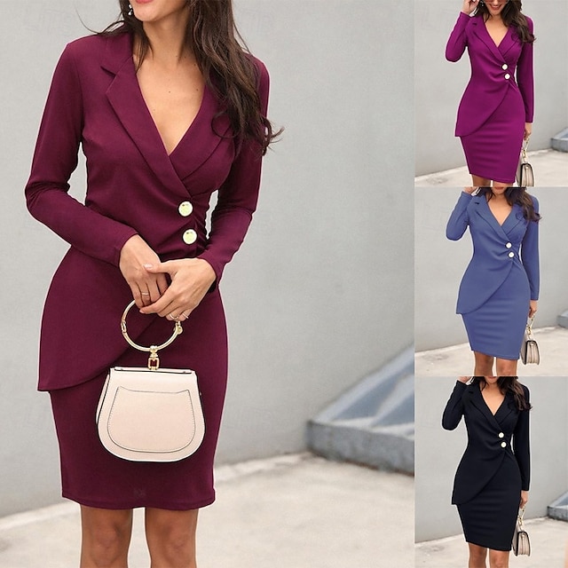  Pentru femei Rochie Mini Rochie Bodycon Rochii Semi Formale Birou Fit regulat Simplu Manșon Lung În V Negru Roșu Vin Albastru piscină Mov Vară
