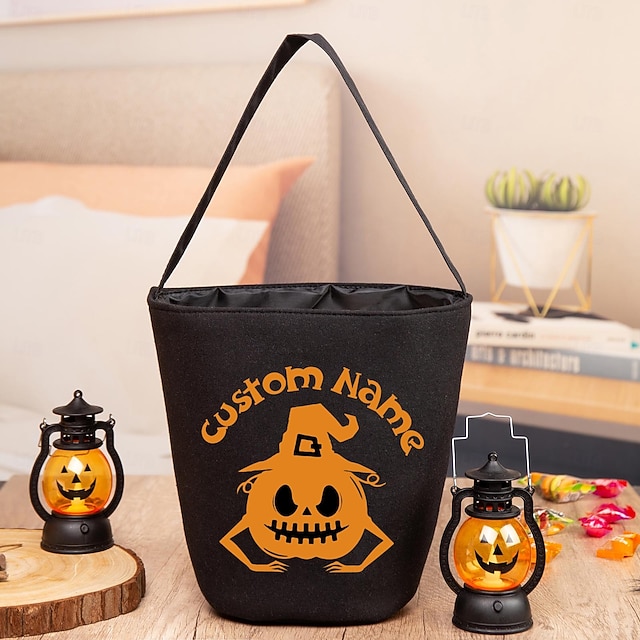  Personalisierter Name Halloween Leckerlibeutel für Kinder Trick or Treat benutzerdefinierte Süßigkeitentasche Korb Geschenktasche, wiederverwendbare Kürbisgeist Party Gastgeschenk für Kleinkinder