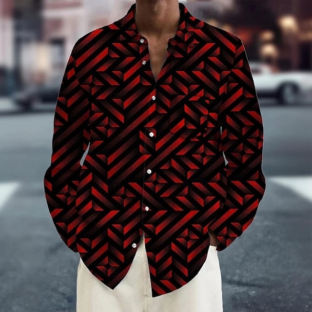  Herren Geometrisch Farbverlauf Linie Hemd Knopfhemd Langarm Modisch lässig Urlaub Täglich Streetwear Frühling Herbst Umlegekragen 3D-Druck Hemden mit Kragen Eine Tasche vorne Rote