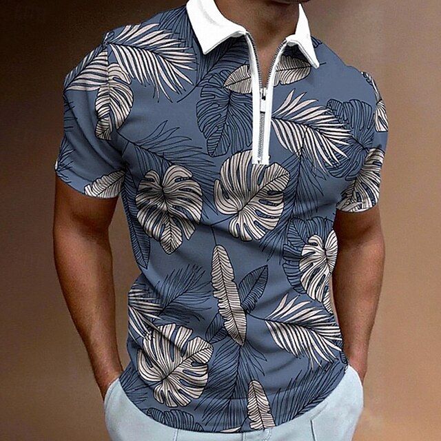 Men's Leaf Plants Zip Polo Shirts Short Sleeve Polo Shirts Collared Shirts Casual Athleisure Daily Wear 3D Print Summer Blue4