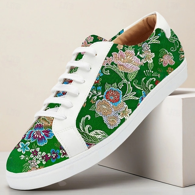 Men's Green Jacquard Fabric Sneakers Comfortable Low-Top Shoes with Floral Pattern Suitable for Casual Walking Daily Wear and Creative Outfits