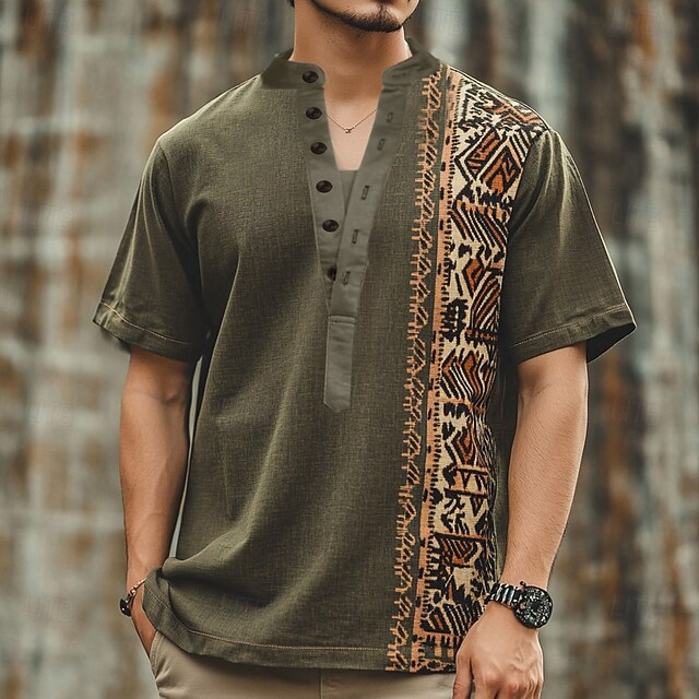 Men's Tribal Ethnic T Shirt Henley Shirt Tee Short Sleeve Designer Basic Ethnic Outdoor Casual Daily Summer Green Henley Henley T-Shirt3