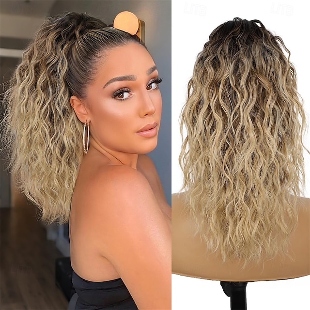  Extension per coda di cavallo con clip a artiglio, code di cavallo ondulate da 18 pollici, extension per capelli a strati, soffici, con clip per donne, posticci sintetici, nero ombré, biondo misto.