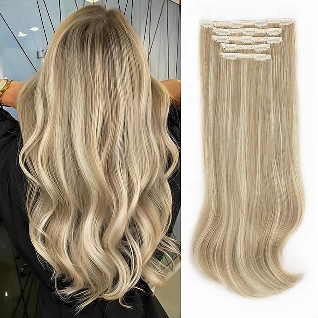  Clip in prodlužování vlasů - husté dlouhé rovné vrstvené prodlužování vlasů, špinavě blond, smíšená odbarvená blond, 20 palců, jemný krajkový útek