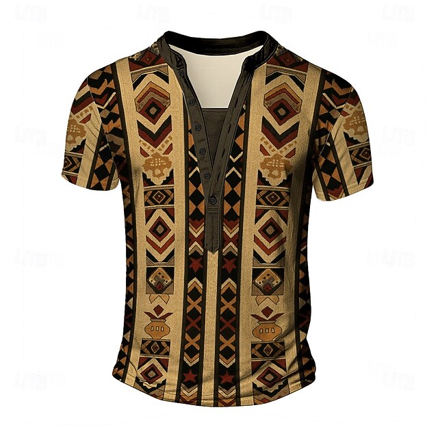 Men's Ethnic T Shirt Henley Shirt Tee Short Sleeve Designer Basic Ethnic Outdoor Casual Daily Summer Navy Blue Khaki Henley Henley T-Shirt4