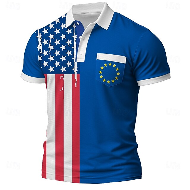 American Independence Day Men's American US Flag Polo Short Sleeve Polo Shirts Collared Shirts Casual Athleisure Daily Wear Buttons 3D Print Summer Blue4