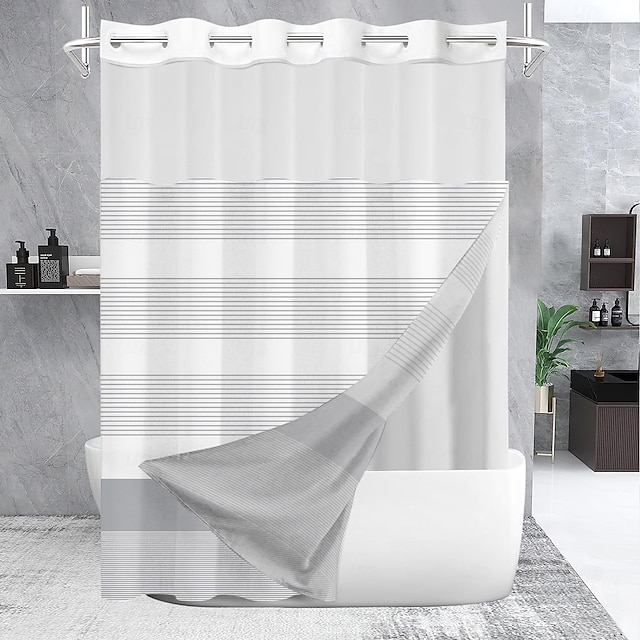 No Hook Geometry Striped Shower Curtain With Snap-in Fabric Liner Sheer Top Window Waterproof Double Layer Bathtub curtain