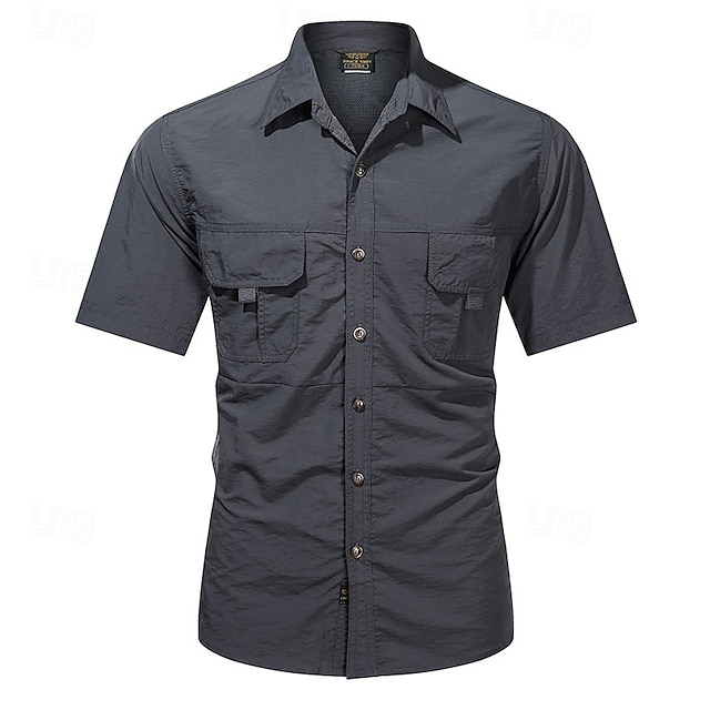  Men's Cargo Shirt Hiking Shirt Short Sleeve Turndown Top Outdoor Lightweight Breathable Cotton Dark Grey Black Army Green Tennis Golf Running