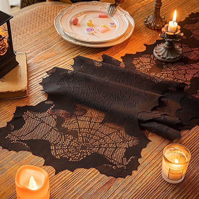  Caminho de mesa de morcego com teia de aranha para Halloween - Toalha de mesa oca para decoração de atmosfera de festa de festival fantasma