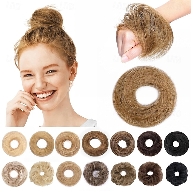  Postiche chignon décoiffé, chouchous naturels ondulés et lissés, chignon donut, extensions de queue de cheval pour femmes et filles - #12 brun doré