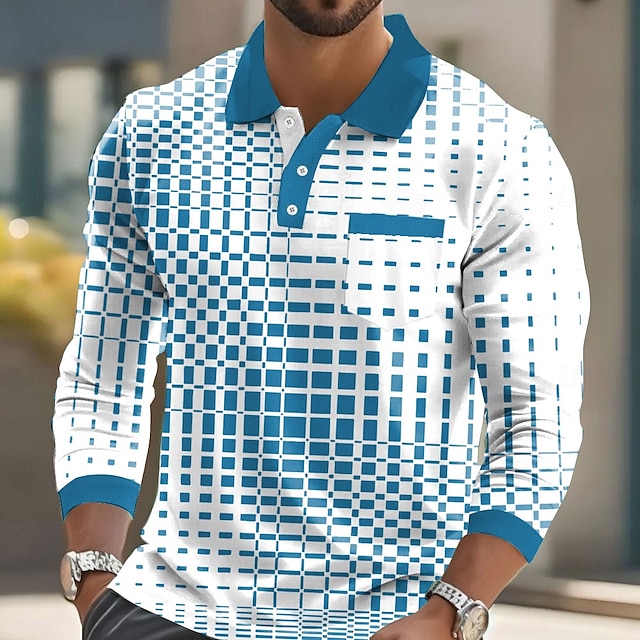  Voor heren Geometrisch Polo Lange mouw Poloshirt Overhemden met kraag Zakelijk informeel liiketoiminta Sportkleding Alledaagse kleding Knop Zak 3D-afdrukken Lente Herfst Winter Zwart blauw Hemelsblauw