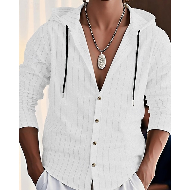  Per uomo Camicia Camicia di lino Camicia casual Camicia con Bottoni Camicia di cotone A righe Vacanza Camicia hawaiana Nero Bianco Blu marino Cachi Manica Lunga Con Cappuccio Primavera Autunno