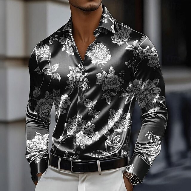 Men's Floral Print Flowers Satin Shirt Dress Shirt Button Up Shirt Long Sleeve Fashion Casual Vacation Holiday Summer Spring Fall Turndown Collared Shirts 3D Print Black4