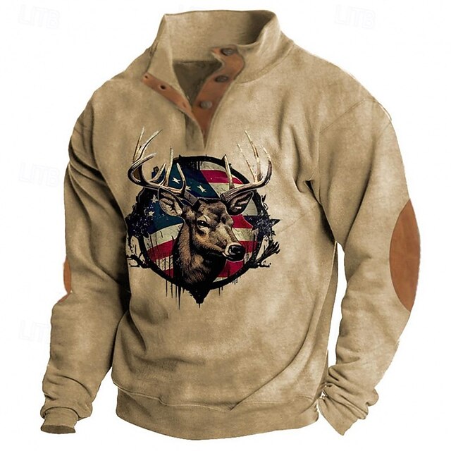Men's Sweatshirt Navy Blue Brown Standing Collar Graphic Reindeer American Flag Print Daily Holiday Going out Polyester Streetwear Casual Fall Winter Clothing Apparel Hoodies Sweatshirts  Long Sleeve3