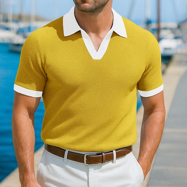  Men's Polo Shirts Golf Shirt Vacation Holiday Lapel Ribbed Polo Collar Short Sleeve Basic Modern Color Block Patchwork Buttons Summer Spring & Summer Regular Fit Yellow Navy Blue Blue Green Polo