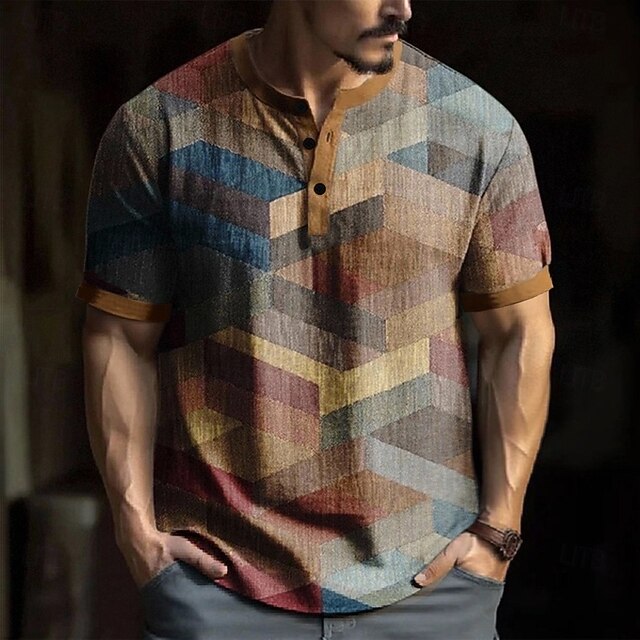 Men's Geometric Pattern Printed T Shirt Henley Shirt Short Sleeve Designer Retro Vintage Casual Street Casual Daily Summer Spring Khaki Henley Henley T-Shirt2