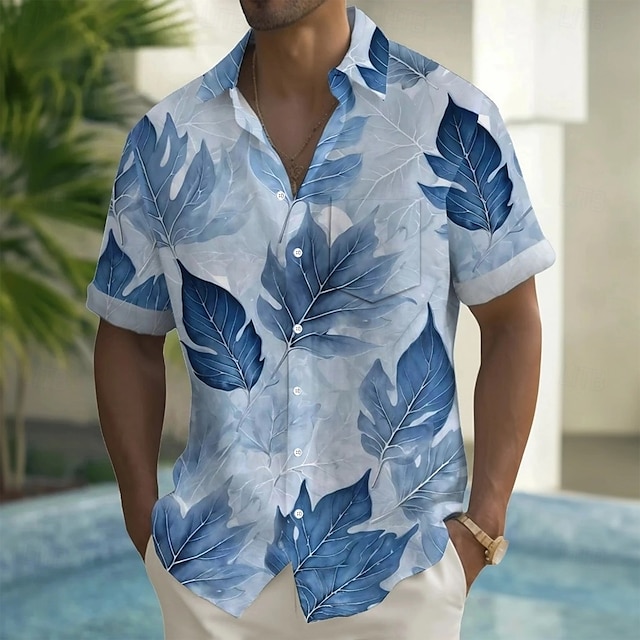  Herre Palmeblad Tropiske Planter Hawaii skjorte Button Up skjorte Aloha skjorte Kortærmet Hawaiiansk Ferie Strand Tøj Sommer Forår Aftæpning 3D-udskrivning krave skjorter Forreste en lomme Blå