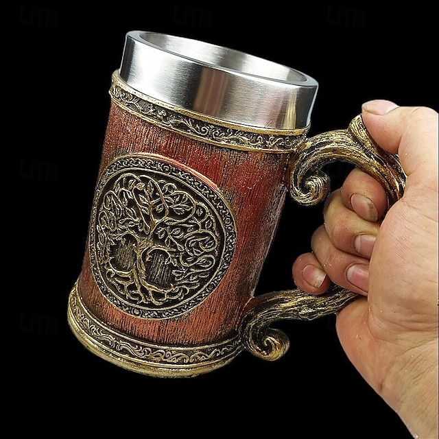  Caneca de cerveja medieval da árvore da vida, caneca de presente para Oktoberfest com forro de aço inoxidável, caneca com árvore do mundo mítico, caneca de café estilo viking exclusiva