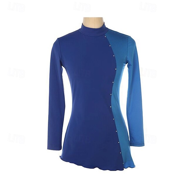 Figure Skating Dress Women's Girls' Ice Skating Dress Blue Patchwork Mesh Spandex Stretchy Training Practice Professional Skating Wear Thermal Warm Crystal / Rhinestone Long Sleeve Ice Skating Figure3