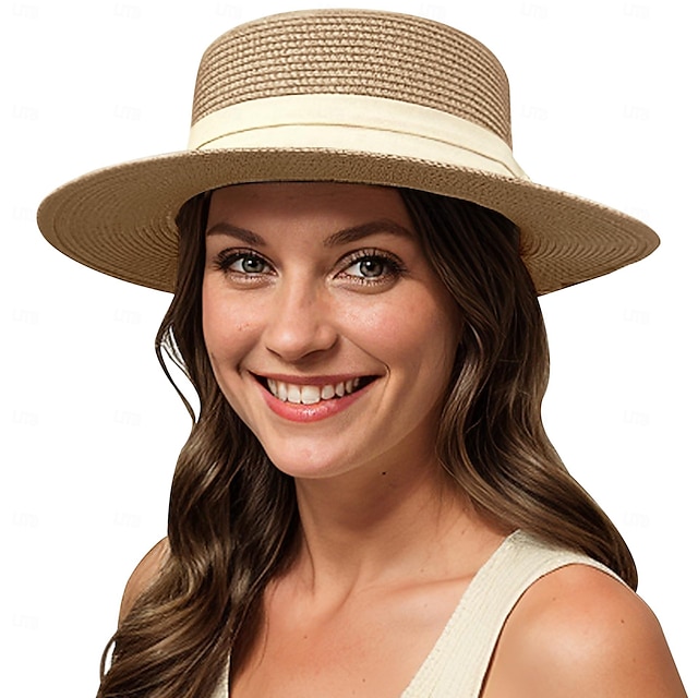  1 stk. elegant damehatt med strå og bred brem, lett og pustende sommerhatt for strandaktiviteter, uformell &formelle arrangementer, tilbehør til arrangementer