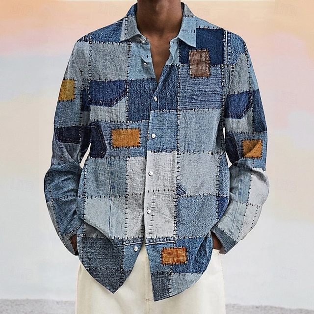  Herren Geometrisch Farbblock Denim-ähnlich Hemd Knopfhemd Langarm Modisch lässig Urlaub Täglich Frühling Herbst Umlegekragen 3D-Druck Leinenähnliches Hemd Blau+Khaki Blau Dunkelblau Hellblau