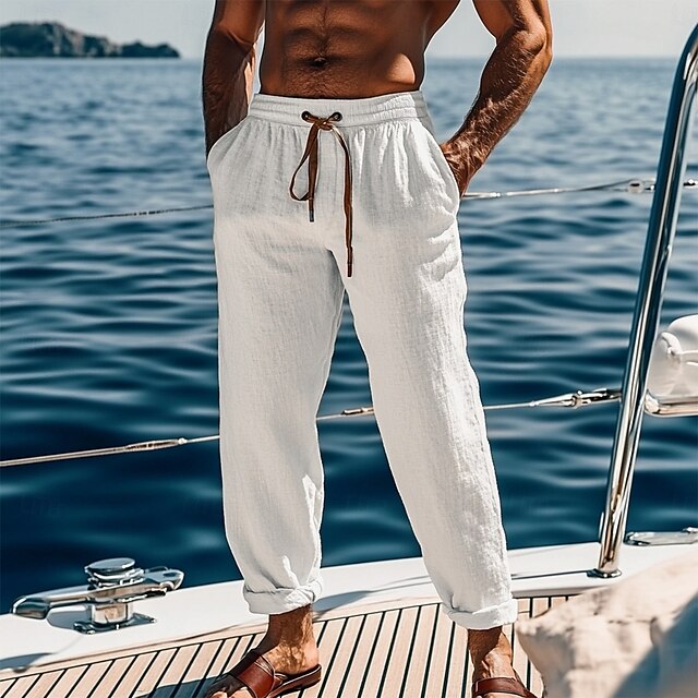  Men's Linen Pants Trousers Summer Pants Baggy Pants Drawstring Elastic Waist Straight Leg Plain Comfort Breathable Full Length Casual Daily Holiday Vacation Fashion White