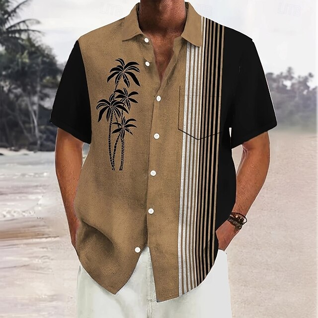 Men's Coconut Tree Striped Summer Hawaiian Shirt Button Up Shirt Aloha Shirt Short Sleeve Hawaiian Vacation Holiday Beach Wear Summer Spring Turndown 3D Print Front One Pocket Linen Like Shirt Khaki4