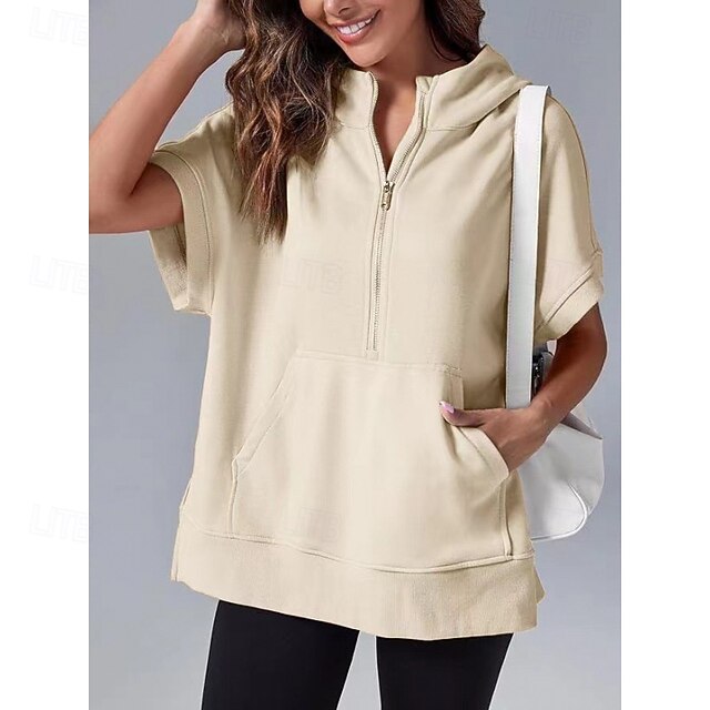 Women's Zipped Hoodie Sweatshirt Zip Front Short Sleeve Top Solid Colored Quick Dry Soft Breathable Tennis Golf Running Sportswear Activewear Apricot Black Gray4