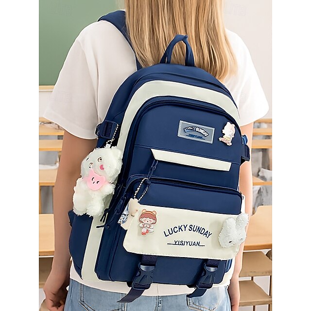  Ensemble de sac à dos d'école 5 en 1 avec breloques en peluche, nylon léger, style kawaii, pour filles et adolescentes, idéal pour l'école et l'usage quotidien