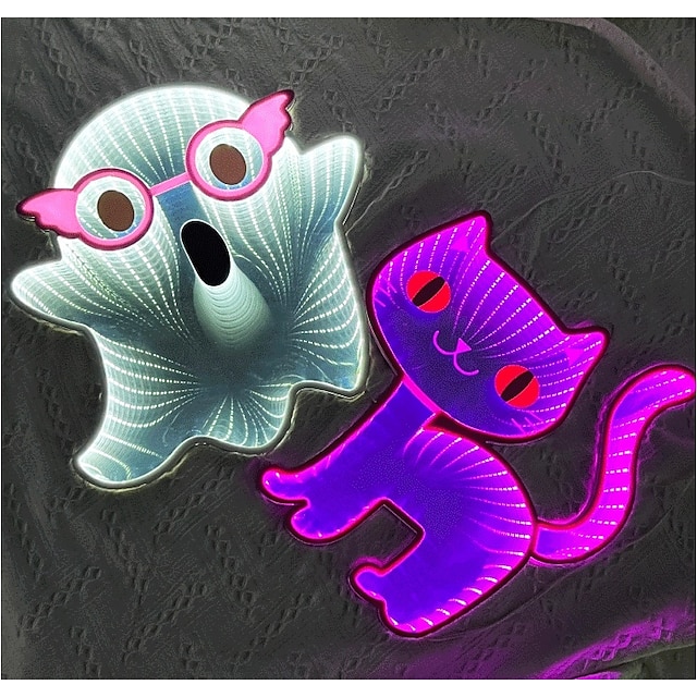  Halloween Infinity Lights Black Cat Light Ghost Light 3D Infinite Mirror Light Tunnel Light Abyss Neon Light Festival Party Decoration Light Us Plug