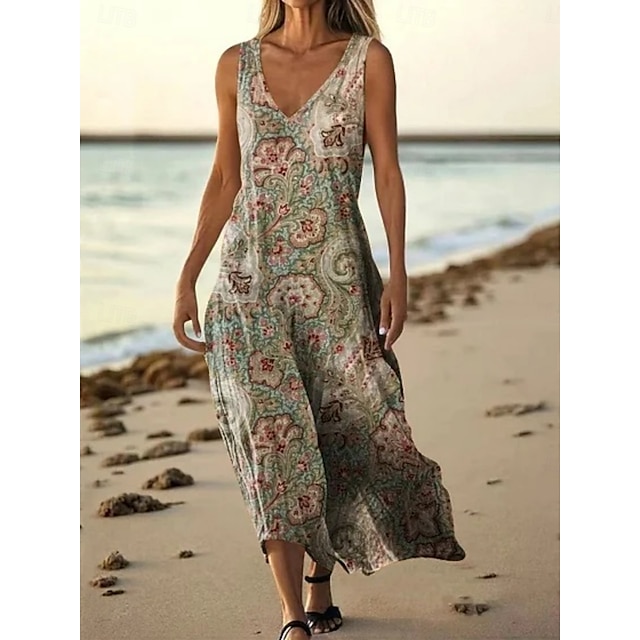  Damen Langes Kleid Maxikleid Freizeitkleid Trägerkleid Sommerkleid afrikanisch Täglich Ferien Strand Normale Passform Blumen Ärmellos V Ausschnitt Wein Burgunderrot Marineblau Blau Sommer