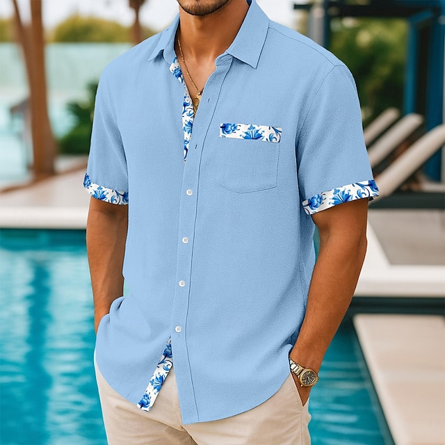  Herren Hemd Leinenhemd Sommerhemd Strandhemd Sommer Hawaiihemd Blumen Urlaub Lässig Weiß Rosa Marineblau Leicht Blau Kurzarm Kragen Sommer Bekleidung Patchwork