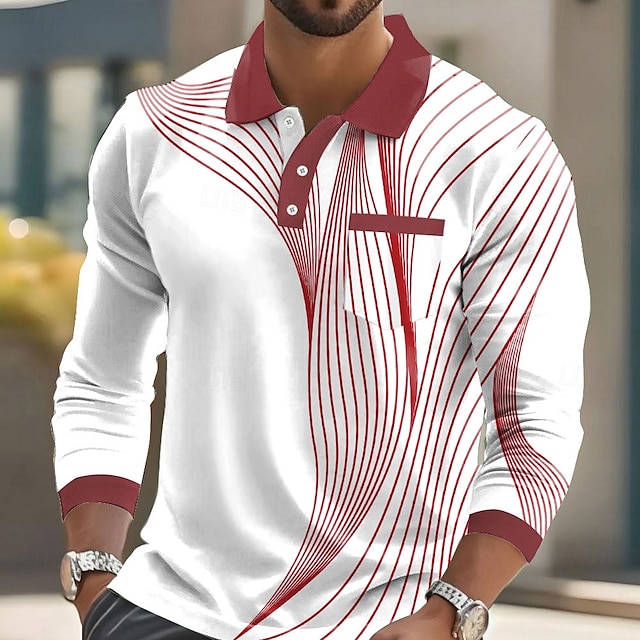  Homme Géométrique Polo manche longue Polos Chemises à Col Vêtement décontracté de travaile Affaires Athleisure Tenue quotidienne Avec Poches Impression 3D Boutons Printemps Automne Hiver Rouge Bleu