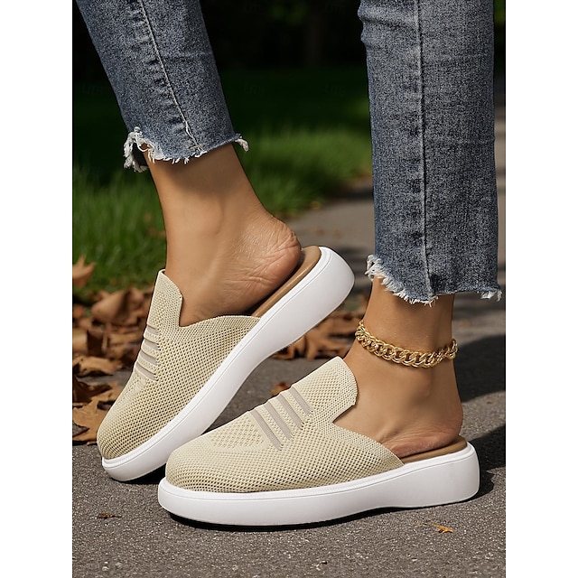  Mules Flyknit beiges à enfiler pour femme – chaussures de marche légères et respirantes pour les promenades au parc, les voyages et les courses d'automne