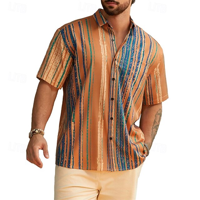 Men's Shirt Summer Shirt Casual Shirt Beach Shirt Button Up Shirt Black Sky Blue Orange Light Blue Short Sleeve Stripes Lapel Vacation Hawaiian Clothing Apparel Polyester Fashion Casual Comfortable4