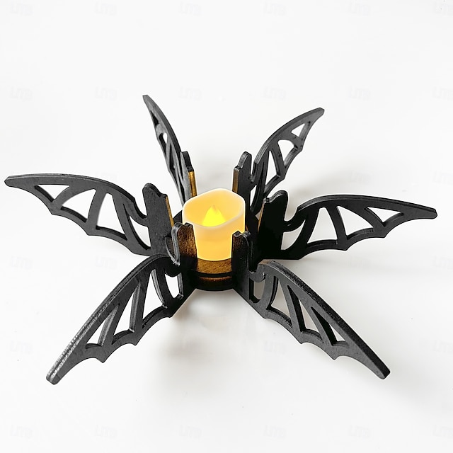  Candelabro de murciélago de Halloween, centro de mesa de madera con murciélago negro, candelabro espeluznante para mesa de cena, fiesta, decoraciones de casa embrujada