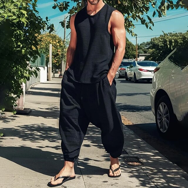 Men's Vest Top T-shirt Suits Shirt and Pant Sets 2 Pieces Outfits Sleeveless Crewneck Summer Plain Fashion Casual 2 Piece Vacation Daily Wear Going out Black Top Tee for Men4