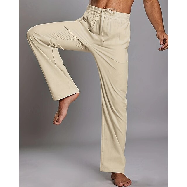  Men's Linen Pants Trousers Summer Pants Beach Pants Pocket Elastic Waist Drawstring Plain Comfort Breathable Vacation Daily Holiday Hawaiian Boho Dark Brown ArmyGreen