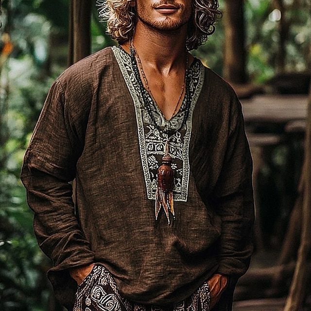  Herren Hemd Leinenhemd Popover-Hemd Sommerhemd Strandbekleidung Retro-Shirts Ethnisch Urlaub Ferien Wein Braun Grün Langarm V Ausschnitt Sommer Frühling Bekleidung Lockere Passform