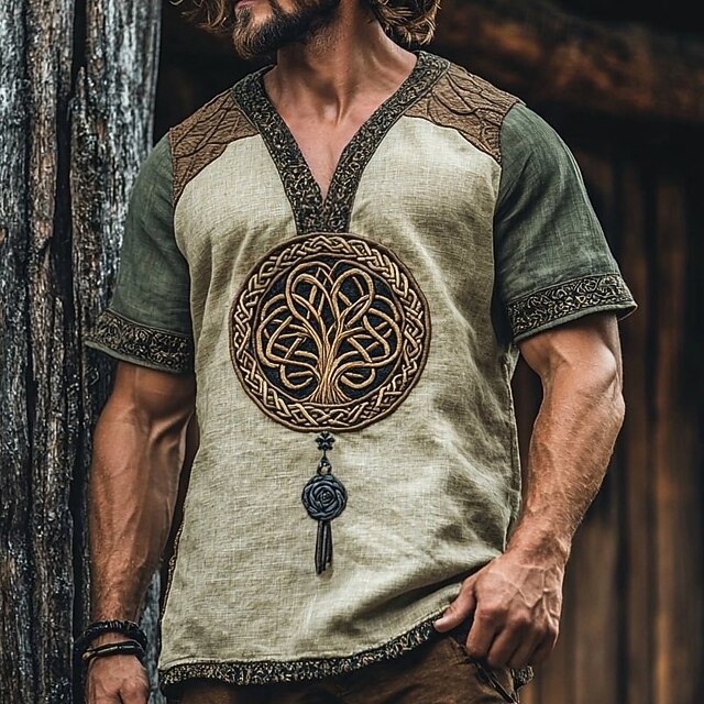 Men's T Shirt Tee Short Sleeve Shirt Tee Top Tree Vacation Street Green Short Sleeve V Neck Summer Clothing Apparel Ethnic4