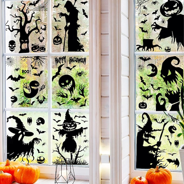  9 φύλλα αυτοκόλλητα παραθύρου για το Halloween, διακοσμήσεις διπλής όψης, στατικά αυτοκόλλητα με σιλουέτα ιστού αράχνης, μάγισσας, νυχτερίδας και Grim Reaper για διακόσμηση τοίχου από γυάλινο παράθυρο
