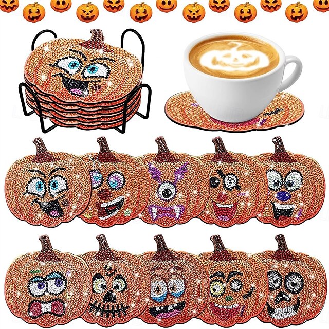  Set di 10 sottobicchieri in legno a forma di zucca di Halloween, sottobicchieri fai da te fatti a mano con diamanti a pois, sottobicchieri isolanti antiscivolo con supporto per decorazioni da tavola