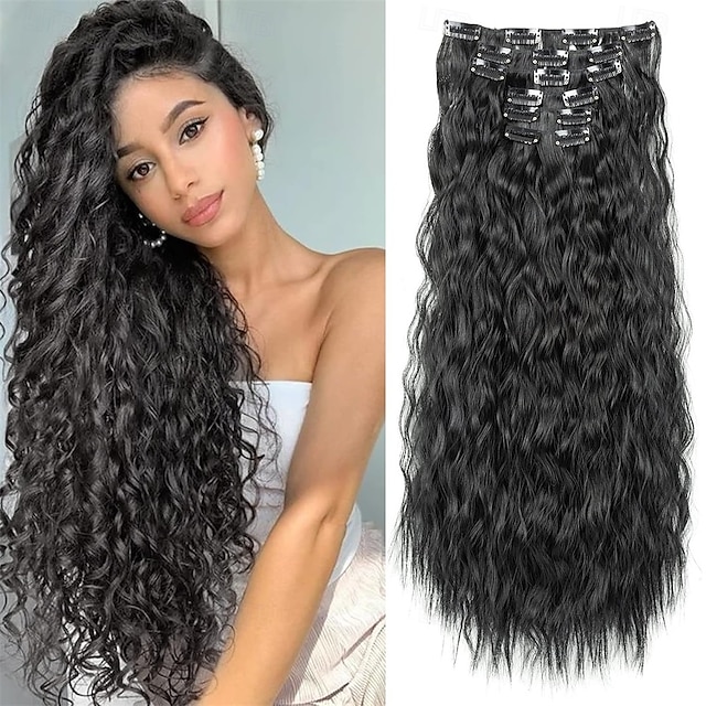 Extensions de cheveux à clipser 6 pièces 24 extensions de cheveux noirs longues vagues sirène ondulées synthétiques à clipser postiche pour femmes