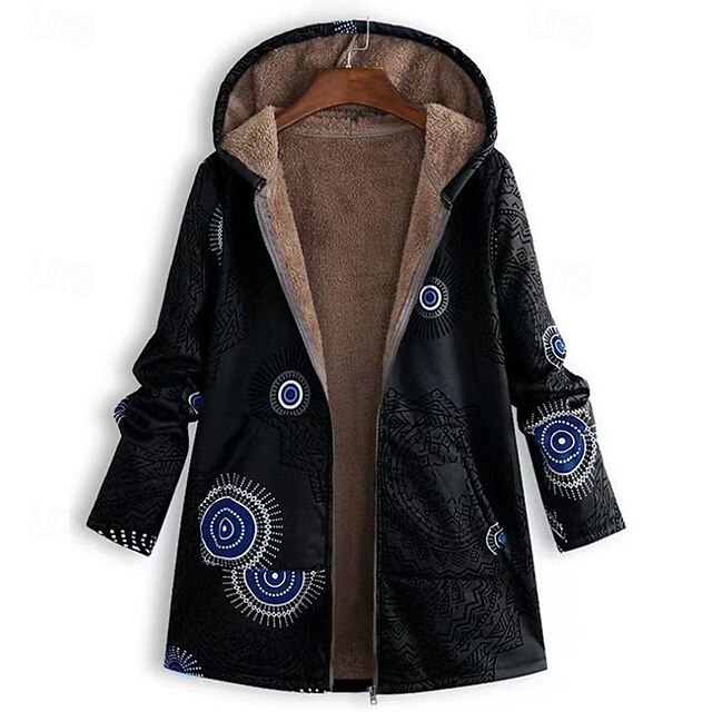 Women's Fleece Jacket Coat Hoodie Jacket Warm Comfortable Zipper Pocket Fashion Modern Casual Geometric Going out Weekend Zipper Regular Hooded Regular Fit Long Sleeve Outerwear Black Winter4