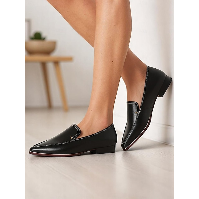 女性用 ローファー オフィス ワーク ローヒール ポインテッドトゥ ビジネス ミニマリズム 合皮 ローファー ブラック